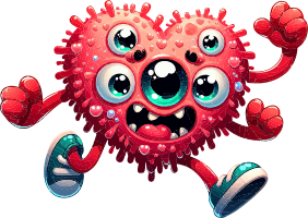 Cartoon virus character with heart-shaped body and sneakers