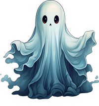 Cartoon ghost with white and blue gradient sheet and large black eyes on black background