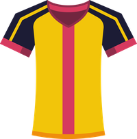 A yellow sports jersey with red and navy blue accents