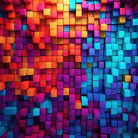A mosaic of small, colored squares in red, orange, blue, and purple.