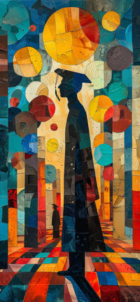 Woman surrounded by colorful circles and geometric patterns