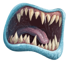 A cartoon-style illustration of a monster's open mouth with large, pointed teeth and a long, purple tongue.