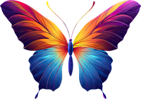 A stylized butterfly with multicolored wings against a black background.