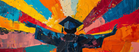 Silhouette of a graduate with arms raised against a backdrop of multicolored rays