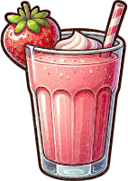 A cartoon strawberry milkshake with whipped cream and a strawberry garnish
