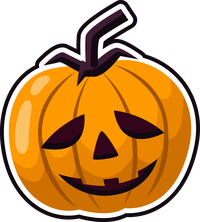 A cartoon-style orange pumpkin with a carved face