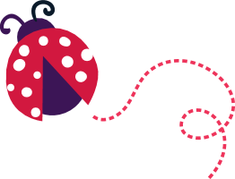 A stylized ladybug with red and purple body and white spots, leaving a dotted trail.