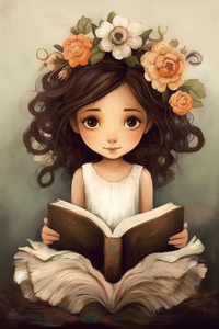 Illustration of a girl with curly hair and flowers reading a large book