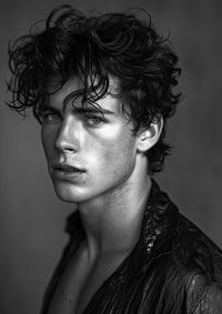 Black and white portrait of a male model with curly hair and leather jacket.