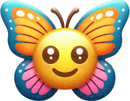A yellow smiley face with butterfly wings