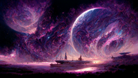 A ship sailing on calm waters under a large crescent moon and swirling purple clouds.