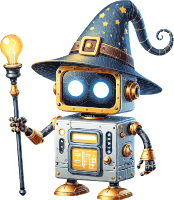 A cartoon robot in a wizard hat holding a staff with a glowing lightbulb