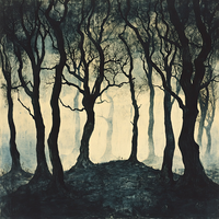 A painting of a forest with dark, twisted trees and a foggy background.