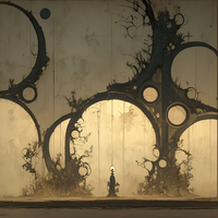 A person stands alone in a desolate, dreamlike environment with twisted, arched structures and overgrown vegetation.