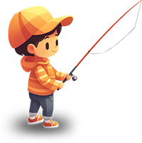 Cartoon boy fishing with a red rod