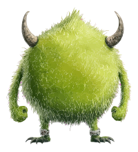 A green furry monster with two horns and a round body.