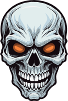 A white skull with orange glowing eyes on a black background