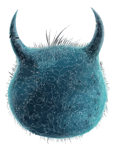 A blue, fuzzy, pixelated creature with horns