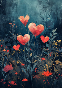 Heart-shaped flowers blooming in a dark, mystical garden with various colorful flowers and foliage.
