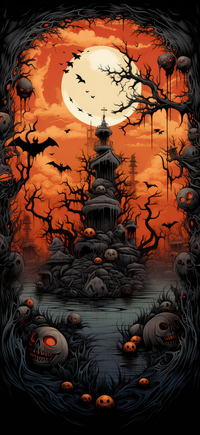 A spooky Halloween night scene with a full moon and bats flying around a creepy landscape.