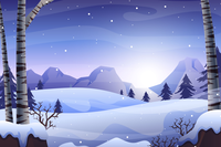 A digital illustration of a snowy landscape with mountains and trees