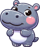 Cartoon hippo with a smiling face and pink cheeks