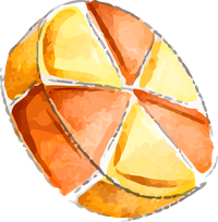 An orange cut into six segments with varying shades of orange and yellow