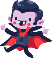 Cartoon vampire character with black hair and cape