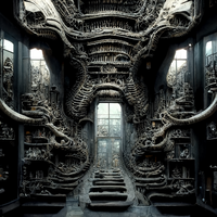 Ornate dark fantasy temple interior with intricate carvings and mysterious architecture