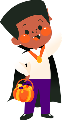 Cartoon boy in vampire costume holding a pumpkin candy bucket