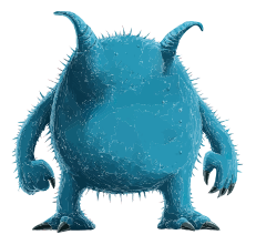 A blue furry monster with two horns and sharp claws