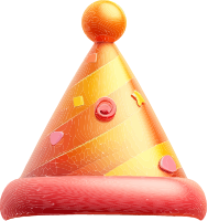 An orange party hat with colorful decorations and a shiny orange ball on top