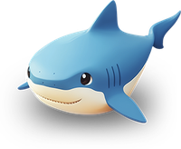 A blue cartoon shark with a white underbelly and a friendly smile