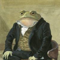 A frog dressed in a black suit, brown vest, and white shirt sitting on a chair