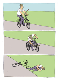 A three-panel comic strip depicting a cyclist falling off their bike