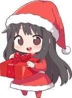 Anime girl in red Christmas dress and hat holding a gift