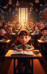 A cartoon boy smiling while reading a book at his desk in a classroom