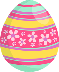 A digitally illustrated Easter egg with yellow, pink, and green stripes and floral motifs.