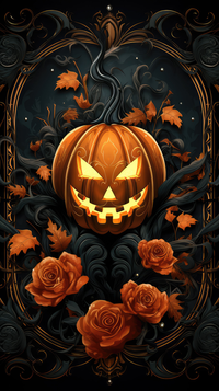 An orange jack-o'-lantern with a menacing face, surrounded by orange roses and leaves on a dark background.
