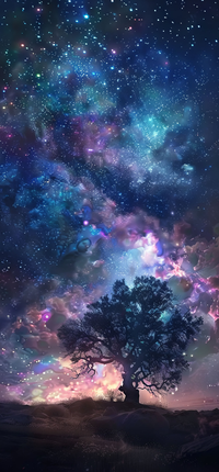 A lone tree silhouetted against a colorful, starry galaxy