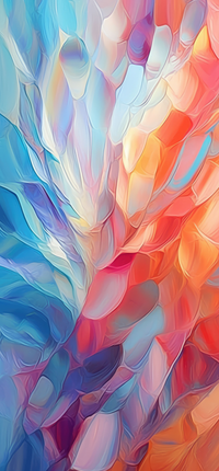 A digital artwork with swirling blue, orange, and pink shapes.