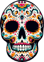 A decorative sugar skull with intricate designs and bright colors on a black background.