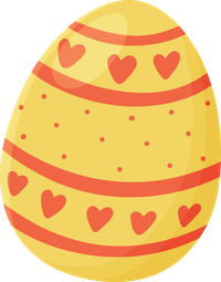 A yellow Easter egg with red hearts and stripes