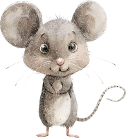 A cute gray mouse with large ears and a long tail, illustrated in watercolor.