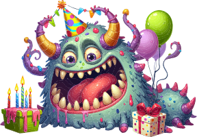 A cartoon monster with a party hat and colorful decorations
