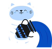 Cartoon cat with blue face holding black backpack and wearing blue cape