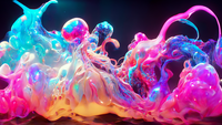 A vibrant, swirling liquid splash with shades of pink, blue, and orange.
