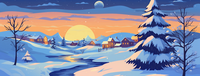 A pixel art winter landscape with a full moon and a setting sun.