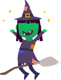 A smiling green witch in a purple dress and hat flying on a broomstick with stars around her.