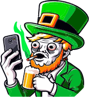Cartoon leprechaun with a beer and smartphone